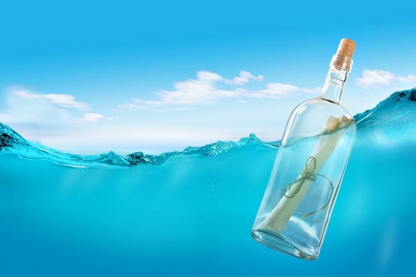 Imagen de una botella flotante con una carta sobre el agua