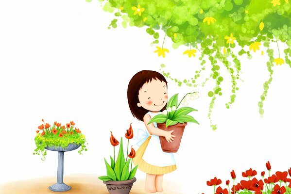 Fond d écran pour enfants avec une fille et des fleurs en pots