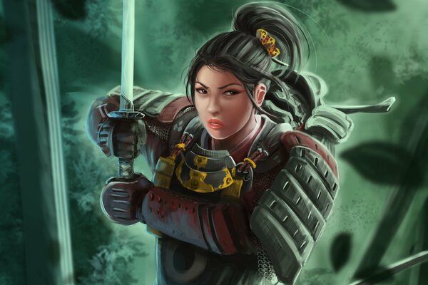 Chica morena Samurai dibujado Arte