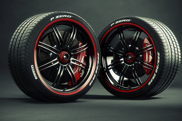 Car tires with red shiny discs