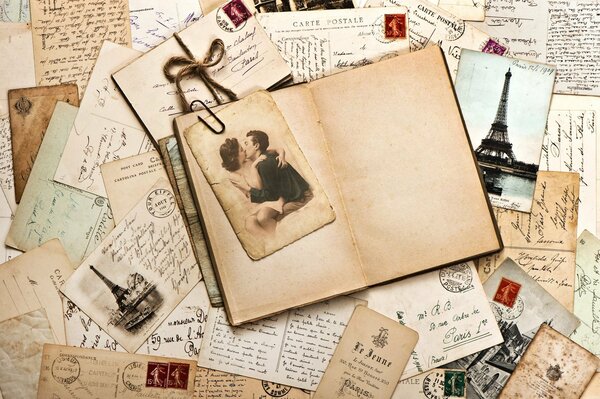 Vintage postcards and letters in vintage style