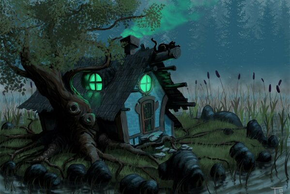 A hut painted on the edge of a swamp