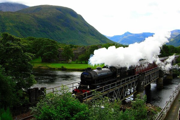 The locomotive goes over the bridge on the background of the mountain