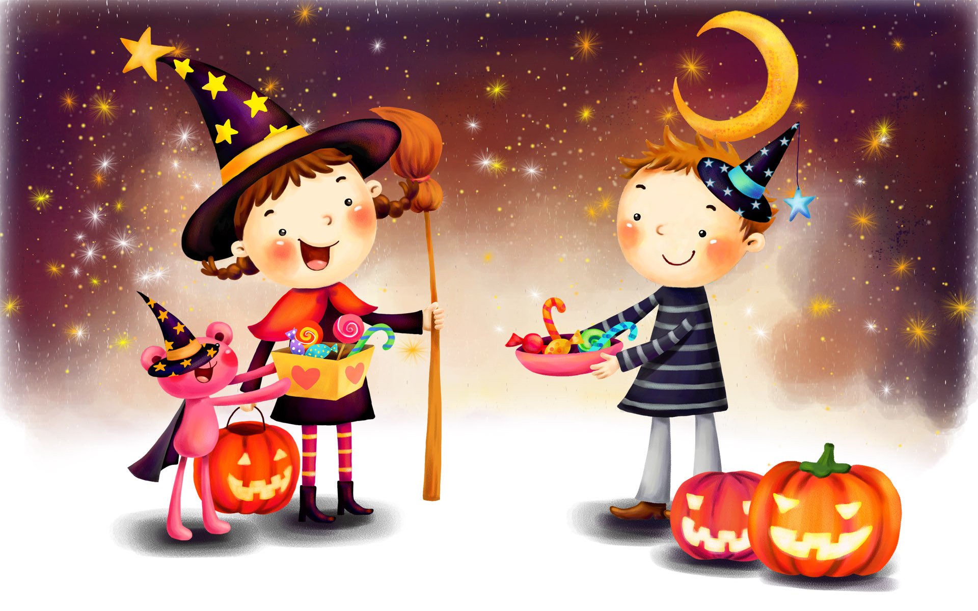 figura niña niño fantasía halloween calabazas luna piruletas sonrisas disfraces sombreros escoba coletas capa