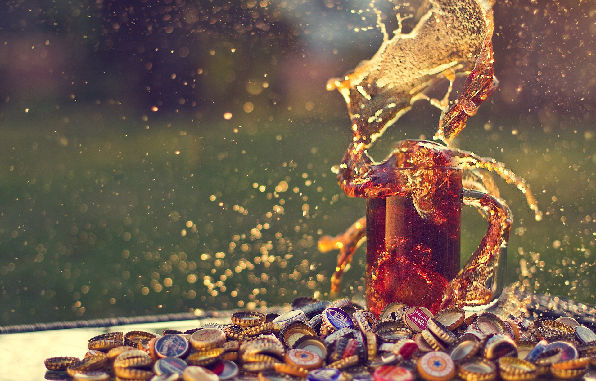 beer mug glass explosion splash cap bokeh reflection