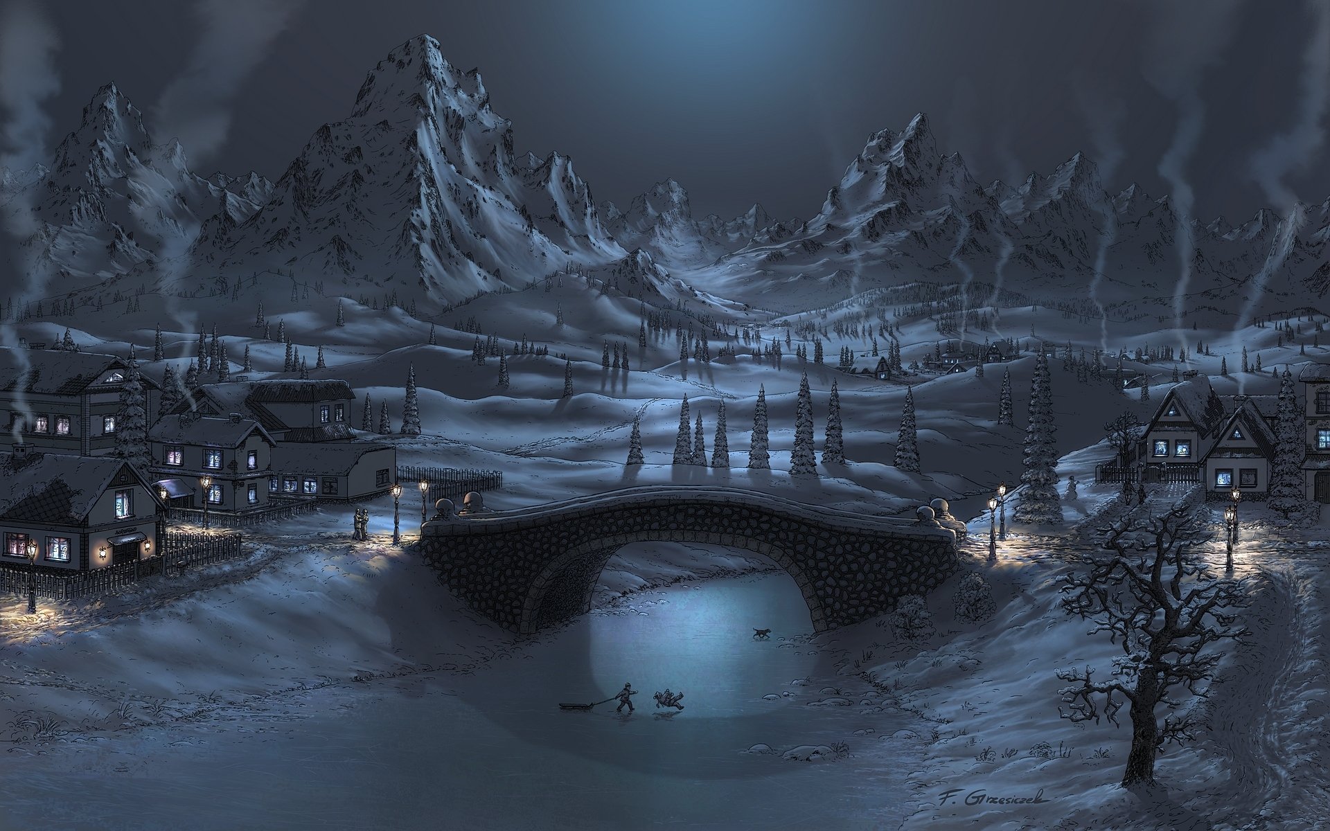 winter snow mountain house lamps river next bridge children fel-x deviantart