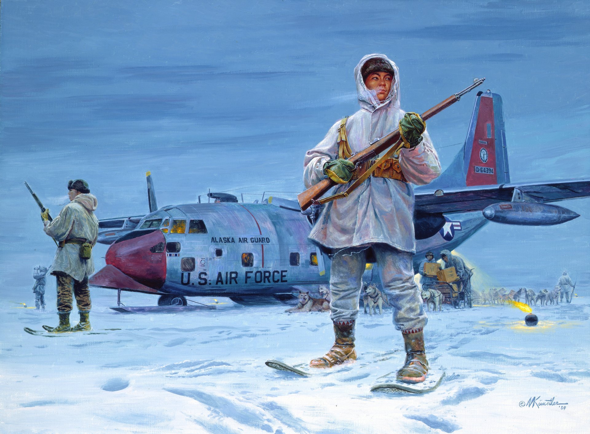 figura guardianes del norte alaska nieve esquimales avión guardia nacional de la fuerza aérea perros trineos