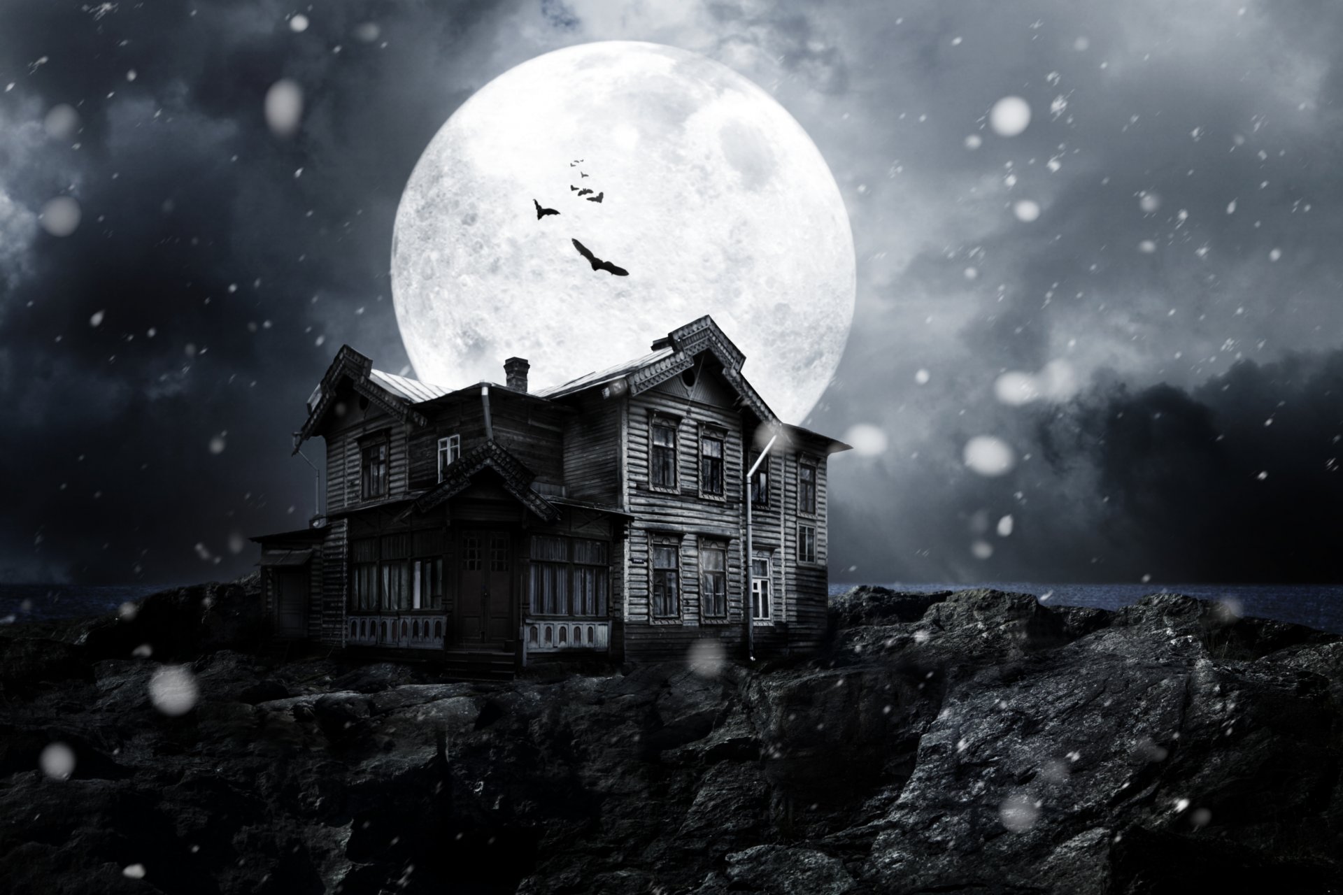 casa embrujada luna llena luz de la luna luna murciélagos nieve noche medianoche espeluznante espeluznante oscuro oscuro horror abandonado fantasmas casa abandonados fantasmas de la casa