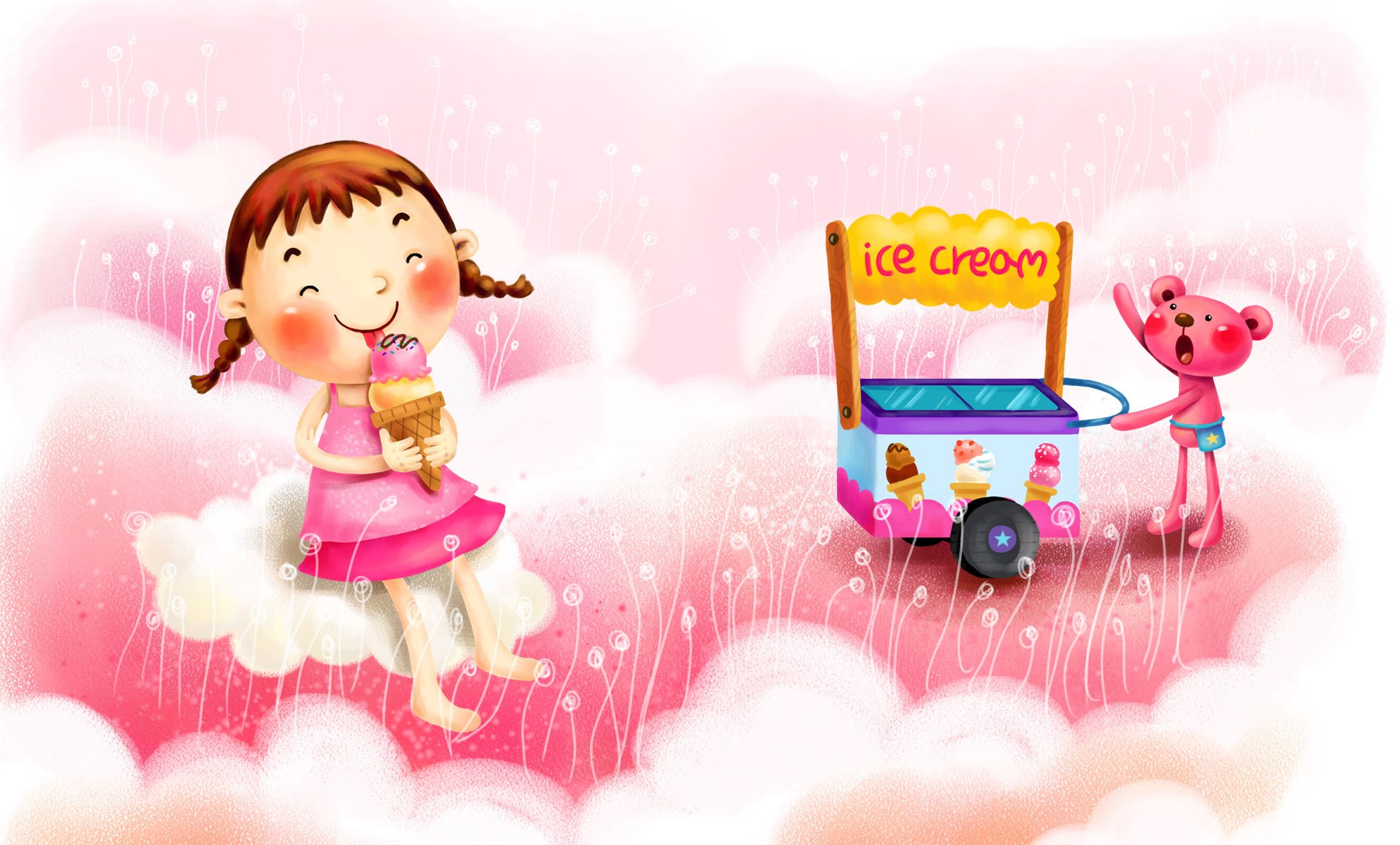 picture girl fantasy ice cream pigtails truck clouds happine