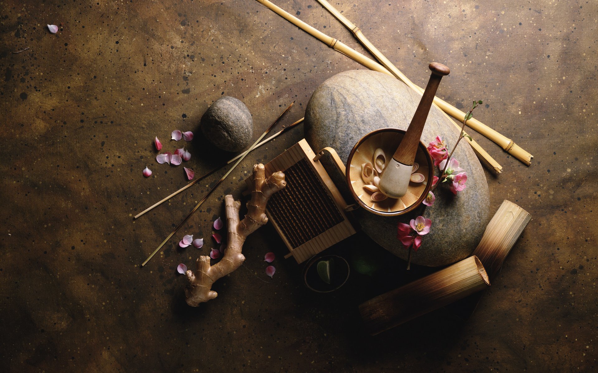 petals sticks bamboo root mortar pestle