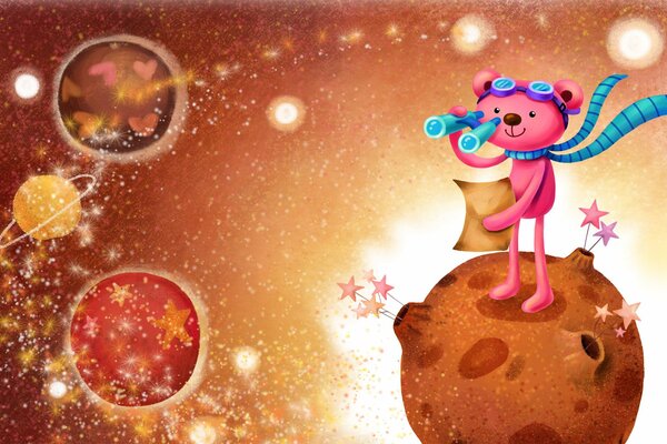 Die Zeichnung ist kosmisch. Rosa Teddybär auf dem Planeten