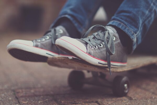 Skateboarder shows his board and sneakers