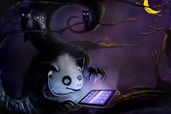 Foresta dei cartoni animati dipinta in stile horror con un mostro sotto forma di un peluche che gioca su un iPad
