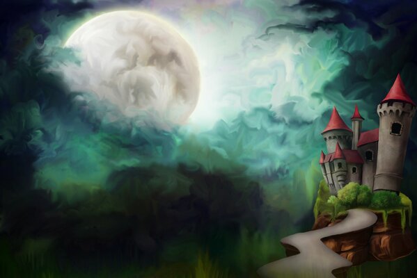 Malowany Zamek na tle księżyca Wschodzącego z ciemnych chmur