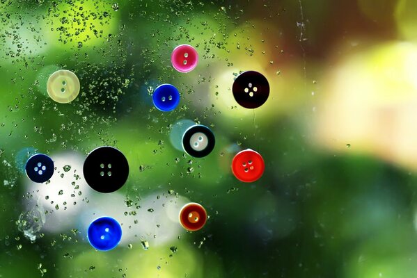 Colored buttons on the background of raindrops