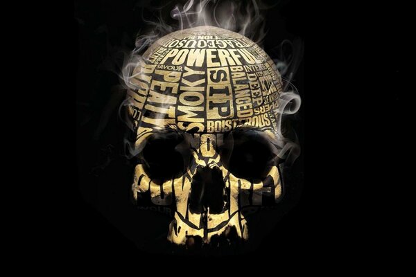 A skull with text all over the surface shrouded in acrid cigarette smoke