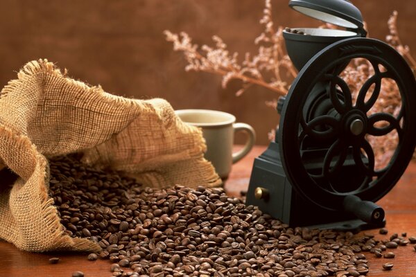 Кофе в зернах в мешке на коричневом фоне