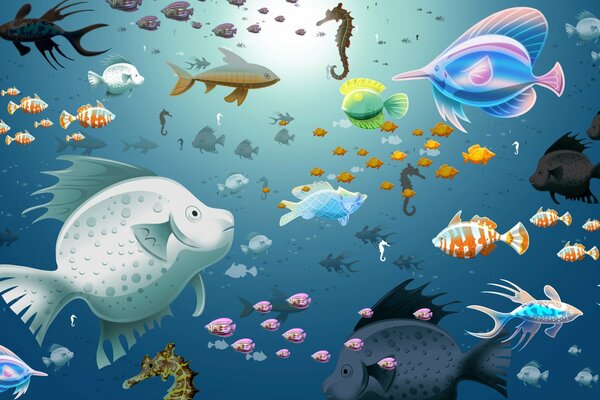 Acuario de dibujos animados con muchos peces