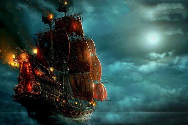 Ein Schiff mit roten Segel schwimmt in der Nacht