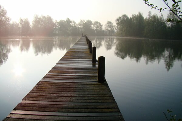 Brücke über den See an einem nebligen Morgen