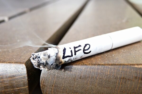 A smoking half-smoked cigarette with the word life written in English