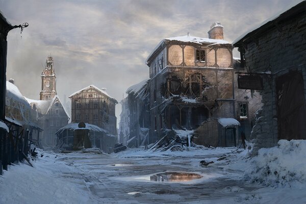 Zerstörte Stadt im Winter Zeichnung