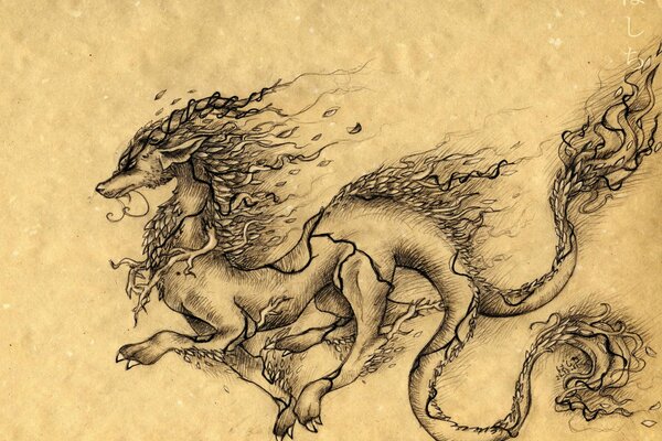 Dibujo de un dragón de fuego en pergamino