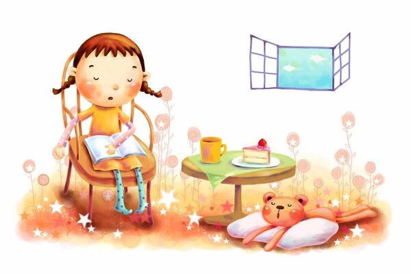 Рисунок с изображением девочки сидящей на стуле и стол с тортиком