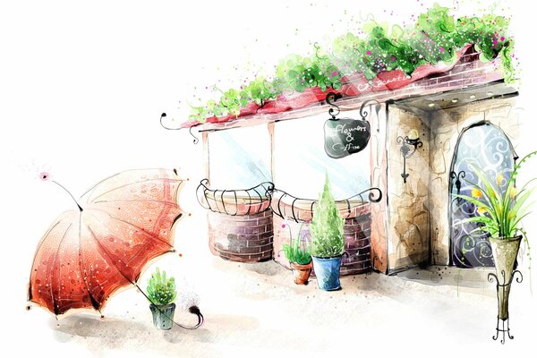 Drawing of an umbrella in front of a cafe with flowers in vases