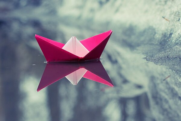Barca di carta galleggiante, rosa in acqua invernale riflettente