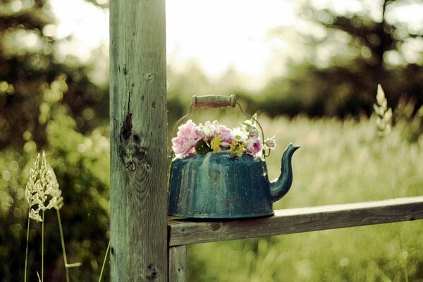 Una Tetera llena de flores se encuentra en la cerca