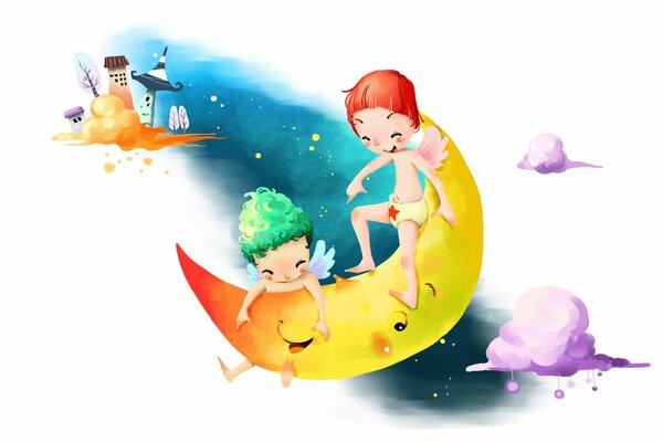 Dibujo con niños felices en las nubes