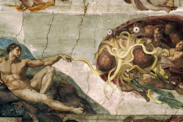 Spaghetti monster begs for Adam s hands