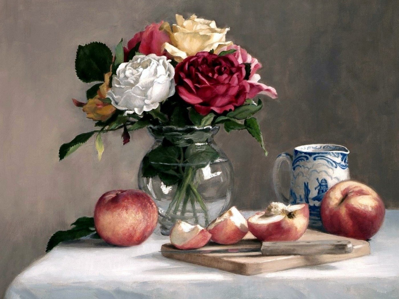 peinture nature morte vase à fleurs pommes