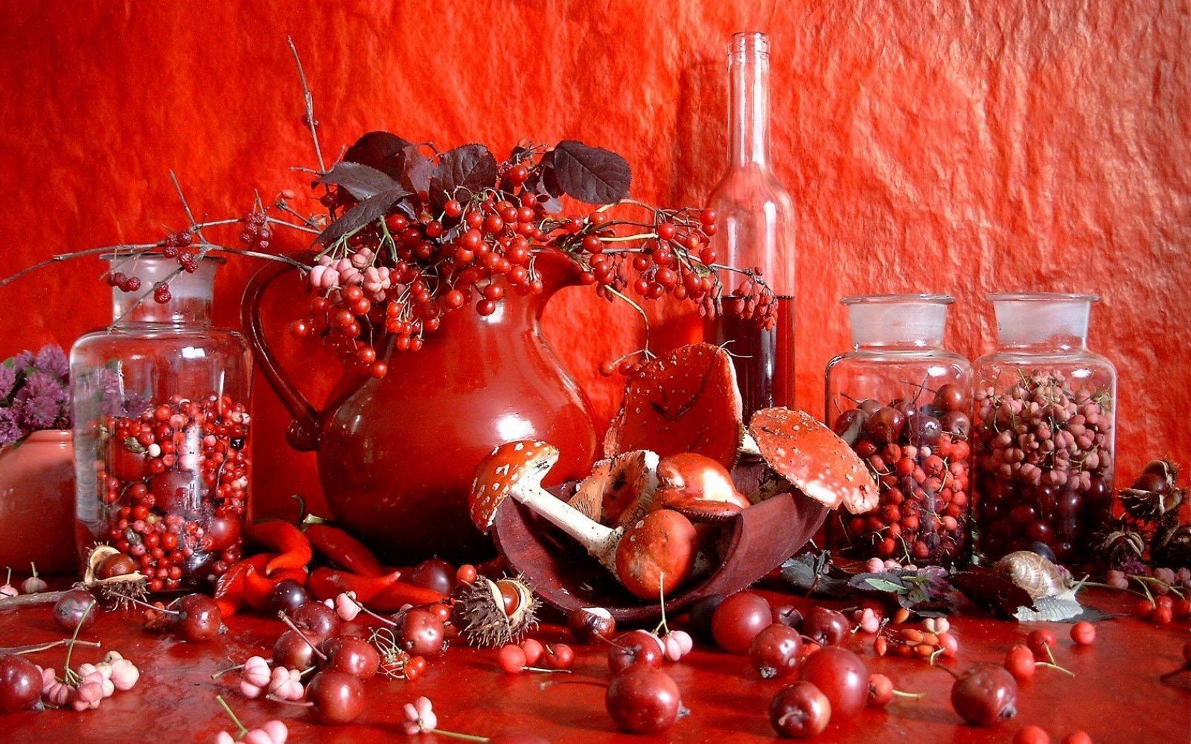 till life red brown mushrooms berries wine