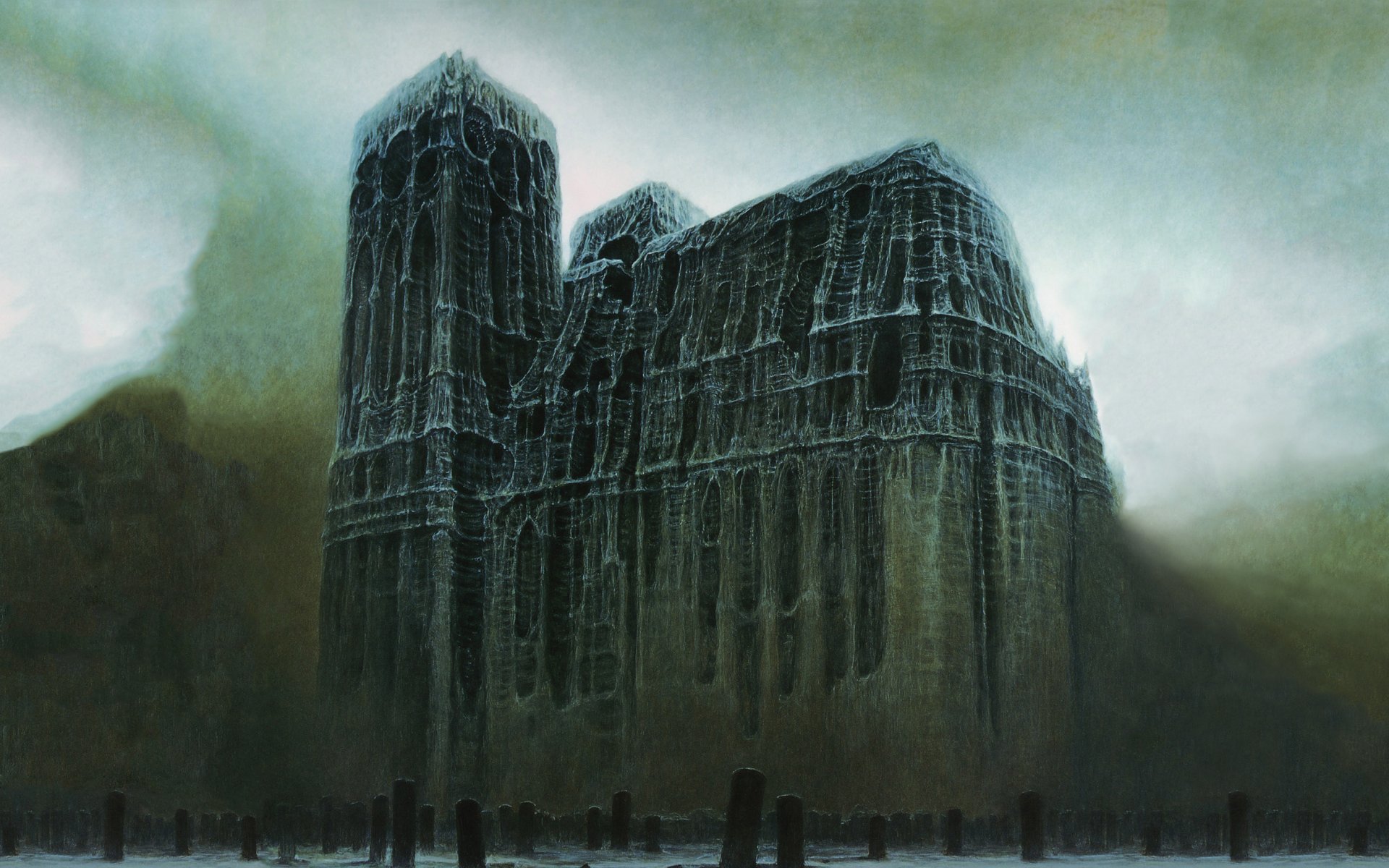 zdzisław beksiński zdzisław beksiński cmentarz nagrobki płyty katedra z kości mrok surrealizm postapokaliptyka