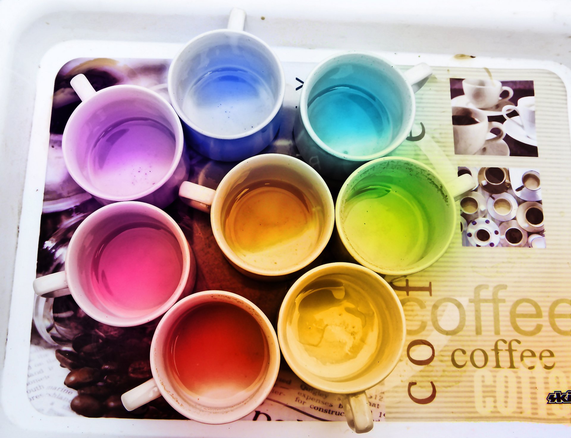 flowers mugs rainbow tray coffee