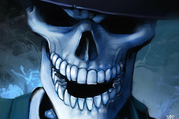 A skull in a hat with blue teeth