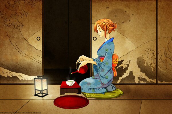 Rysunek gejszy w japońskim kimonie z herbatą
