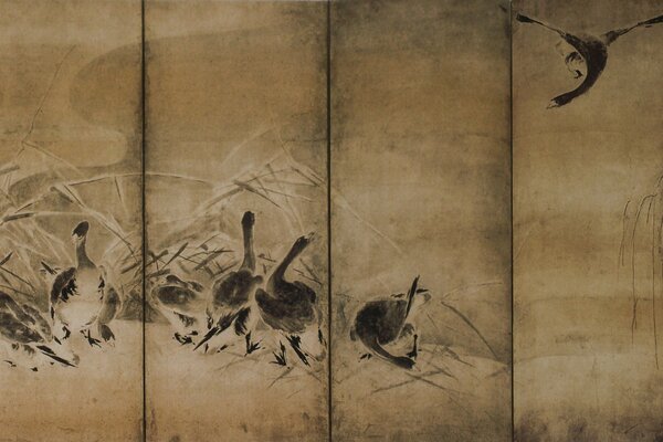 Drawing on modular paintings - ducks on the grass
