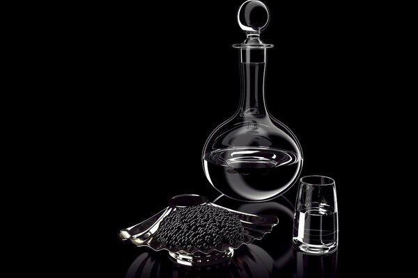 Imágenes de decantador, vasos de vodka y caviar sobre fondo negro