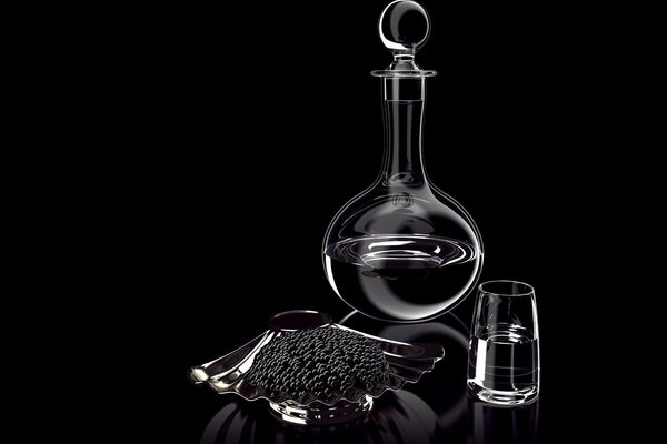 Images de carafe, verres à liqueur avec de la vodka et du caviar sur fond noir