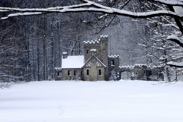 Dans la forêt d hiver se trouve une maison de pierre avec une lumière vive main tenant une médaille