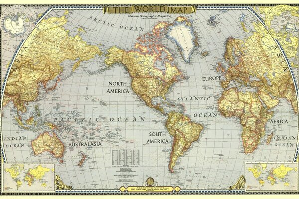 Carte du monde avec des continents, des inscriptions et des océans fond d écran