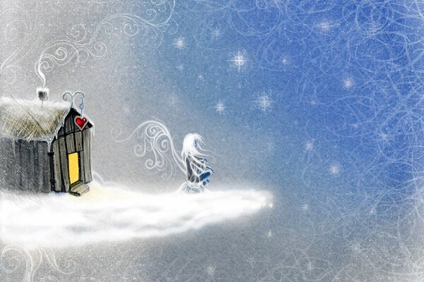 Casa de invierno con un ángel y copos de nieve que caen