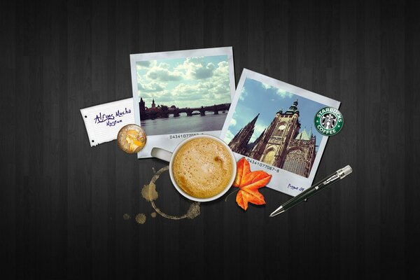 Travel photos under a cup of coffee on the table