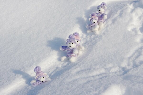 Osos de juguete blancos en la nieve