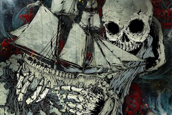 A painting depicting a ship and a skull