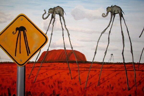 Dipinto di Salvador Dali elefanti in campo rosso con le gambe lunghe