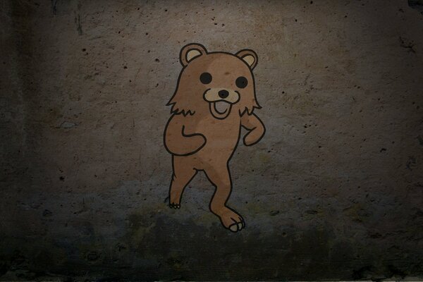 An der braunen Wand ist ein brauner Bär auf